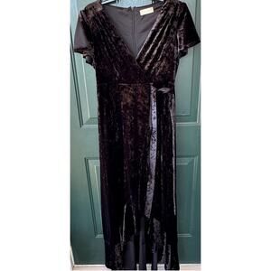 Altar’d State Black Crushed Velvet Wrap Dress M Witchy Gothic Hi Low Hem Maxi
